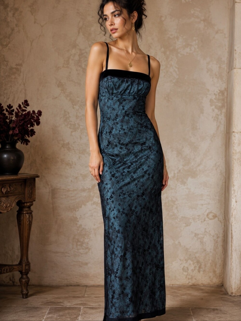 Vtg 90s Maxi Slip Dress Empire Bust Black Velvet Trim Beaded Green Organza Sz XS